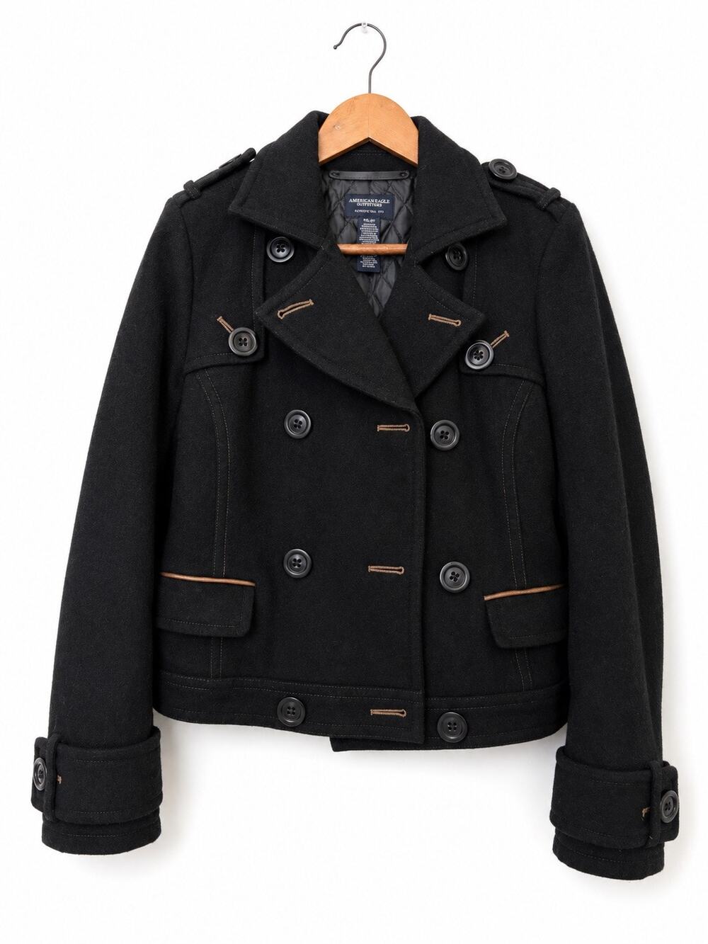 American Eagle Outfitters Black Wool Mens Peacoat Jacket Military Double Breast